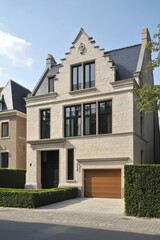 Fototapeta na wymiar Modern stone house with large windows and unique architecture located in a quiet suburban neighborhood during daylight hours