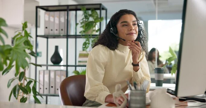 Business woman, call center and computer with headset help desk or customer service at office. Female person, support agent thinking and smile for CRM with communication or virtual assistance