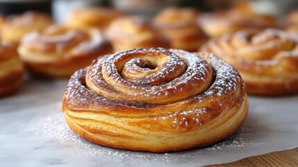 Delicious Spiral Pastry with Golden Layers and Powdered Sugar Sprinkled on Top Perfect for Bak