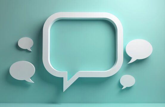 White speech bubbles on blue background. Concept of communication discussion. Minimalist modern design for web page, advertising, social media. 3d render illustration.