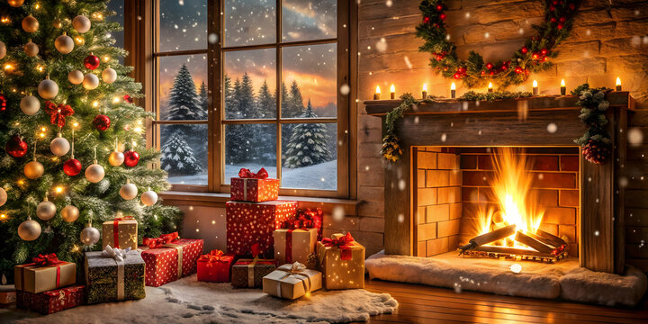 A cozy fireplace scene with gifts and snowflakes falling outside the window