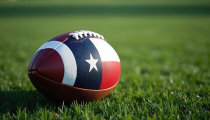 Close-up of American football ball with Texas flag design on green grass field. Sport equipment, team game at sunny day, recreation activity. Pro sport, national pride. Competition. Play time.