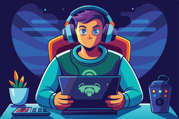 Young gamer wearing headphones, holds a laptop with a green logo on the screen