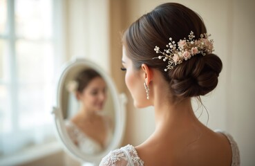 Bride looks in mirror, admiring her wedding hairstyle. Updo decorated with flowers, pearls. Elegant earrings, details. Wedding prep. Back view of a woman. Bridal fashion, beauty, wedding day.