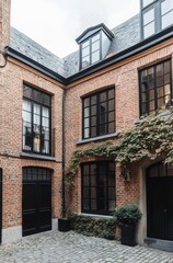 Naklejka premium The enchanting brick courtyard, adorned with contemporary windows and flourishing greenery, establishes a tranquil ambiance amidst the bustling urban landscape during dusk