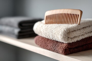 Wooden comb resting on a stack of neatly folded towels on a shelf.