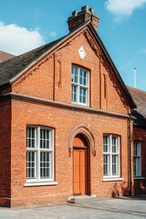 Fototapeta premium The historic brick building showcases an elegant arched entrance and oversized windows, all beautifully framed against a serene clear blue sky in a peaceful setting