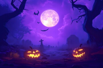 Spooky Magical Halloween Atmosphere Background – Haunted House, Pumpkins, and Ghosts. Pumpkins, Bats, Full Moon, Witches, Bats, and Spooky Vibes. 