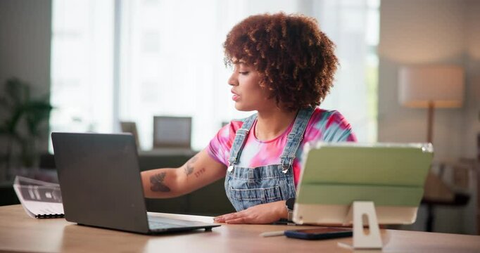 Laptop, reading and stress with woman in office for research or small business startup as entrepreneur. Agency, anxiety and checklist with worried design employee in workplace for problem solving
