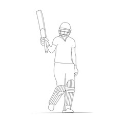Cricket player line art drawing illustrations, Doodle sketch of a cricket player, Player silhouette, Batsman playing cricket raises his bat after scoring a full century, cricketer celebrating win.