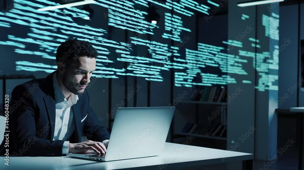 Aufkleber Focused programmer working late at night in a dark office, illuminated by the glow of his laptop screen and the projected code displayed on the glass wall
