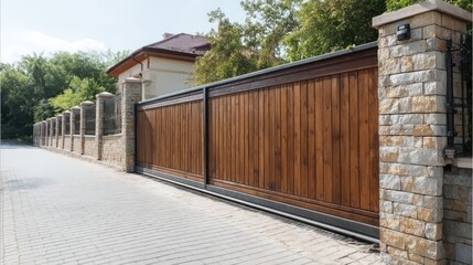 Wide automatic sliding gate made of planks with remote control, installed in high stone fence wall. Security, protection, privacy concept for automated property. Modern, electrical design, 