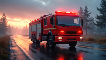 Fire truck with flashing red lights on wet road at dusk. Emergency vehicle on duty, responding to fire. Fire department action, safety, rescue operations at night, public service, transport.