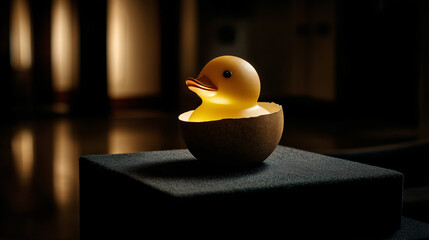 Cracked Rubber Duck: Surreal Egg Hatching, Quirky Toy Unveiling, Unexpected Surprise Illustration, Humorous Duckling Reveal, Playful Rubber Duck Metamorphosis, Unique Toy Concept Art.

