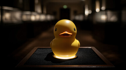 Cracked Rubber Duck Surprise: Quirky Toy Art, Unexpected Hatchling Reveal, Humorous Bath Time, Playful Still Life, Conceptual Duckling Illustration, Novelty Gift Idea.
