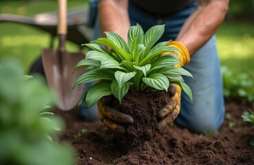 Gardener replants hosta plant. Hands wear work gloves. Hosta leaves in dirt clod. Gardening, spring planting, outdoors eco lifestyle, hobby concept. Man works with shovel.
