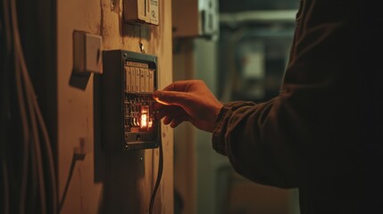 Electrician repairing a fuse box in a basement. Featuring electrical maintenance and safety