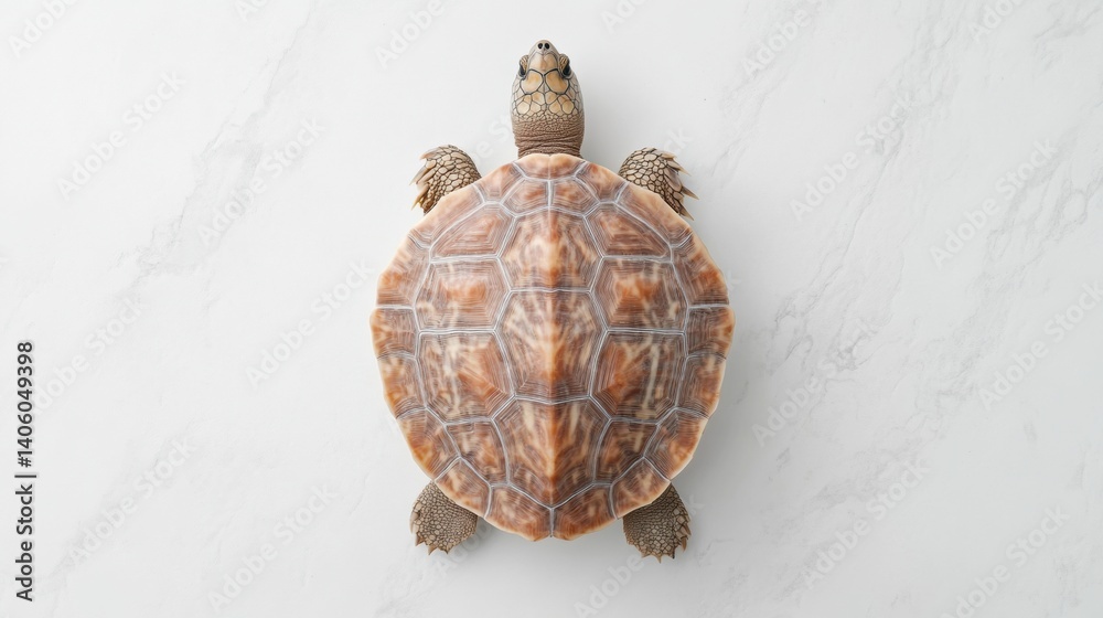 Poster Detailed view of a turtle showcasing its intricate shell patterns on a minimalist white backdrop