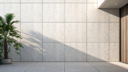 Bright and airy interior space with a large palm tree as a focal point. The light gray tiled floor and paneled wall provide a neutral backdrop, while sunlight creates soft shadows, emphasizing the hei