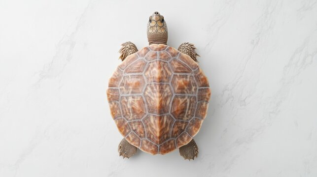 Detailed view of a turtle showcasing its intricate shell patterns on a minimalist white backdrop