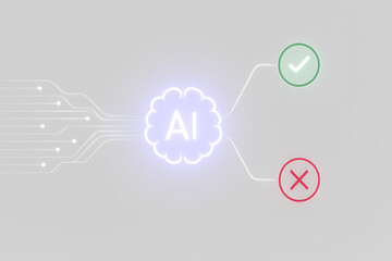 Abstract data flow lines to AI brain with ethical and unethical paths