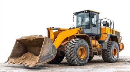 Fototapeta premium Yellow heavy front loader isolated on white background. Construction machinery. Powerful equipment moves bulk materials at construction site. Earthworks, mining, demolition and landscaping services. 