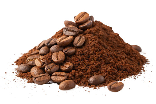 Pile ground espresso coffee with some coffee beens isolated on white, side view