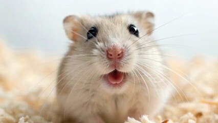 Obraz premium A close-up of a small, adorable hamster with white and light brown fur, dark eyes, and a pink nose, looking directly at the camera with a slightly open mouth