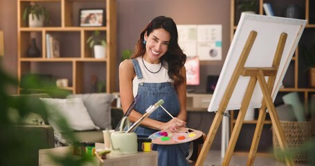 Woman, painter and smile with canvas in home with creative process, face and talent for project. Person, happy and artist with painting, color and craft with pride, portrait and excited in Argentina - Powered by Adobe