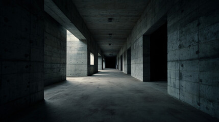 Empty Brutalist Corridor: Concrete Architecture, Minimalist Interior, Stark Design, Modern Structure, Industrial Space, Architectural Void, Cold Aesthetics, Urban Decay.
