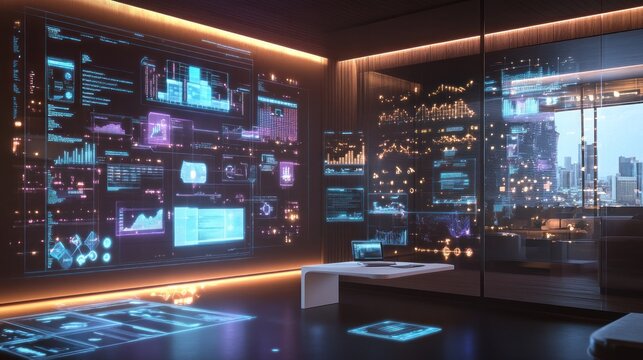 A digital workspace with holographic supply chain management tools, floating interface elements, and advanced data projections - Powered by Adobe