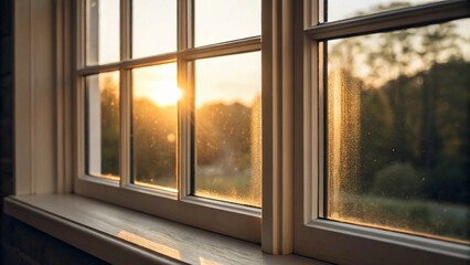 Soft, golden sunlight streams through a closed window with multiple panes, highlighting the window frame and sill, with a blurred view of trees and landscape outside
