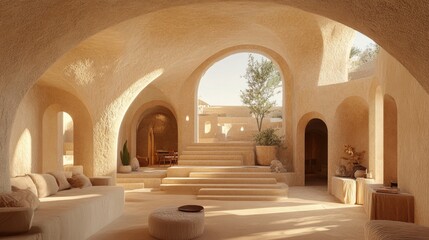 Sun-drenched, light-filled, beige-toned interior space.