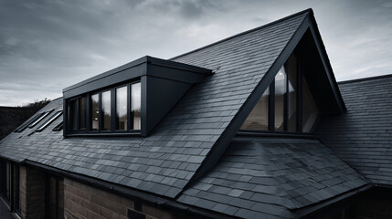 Obraz premium Anthracite Grey Tiled Roof: Modern UPVC Windows, Sleek Exterior Design, Contemporary Home Improvement, Stylish Roofing Solution, Durable Weatherproof Materials, Elegant Architectural Detail. 