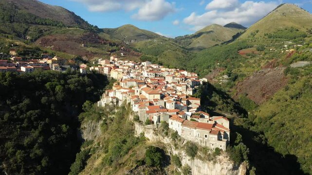The hilltop village of Tortora on its mountain in Europe, Italy, Calabria, in summer, on a sunny day.&nbsp;