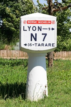 Charbonnieres, France - May 26, 2020: Old Michelin milestone on the mytic route nationale 7 in France