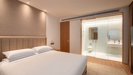 Fototapeta premium Stylish Guest Room with Wood Accent Closet