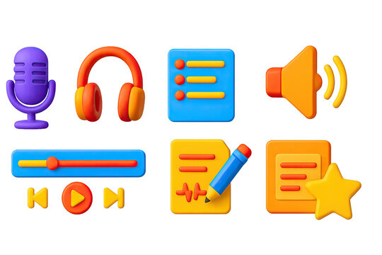 3D icon set of podcast language learning: podcast mic, headphones, episode list, play bar, speaker icon, transcript page, note app, subscribe star. 3d icon. icons set of 3d style in a modern design.