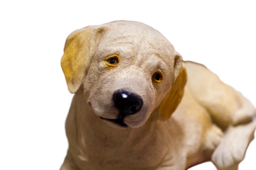 A lifelike sculpture of a Labrador Retriever in a relaxed pose, lying down with its floppy ears and expressive eyes. The realistic texture of the light-colored fur and shiny black nose adds artistic c