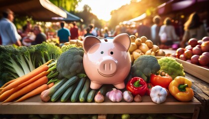 Obraz premium piggy bank surrounded by fresh produce at vibrant farmer s market in bright natural light