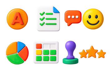 3D icon set of report card and grading: grade A icon, report sheet, comment box, smiley face, score wheel, rubric chart, teacher stamp, star rating. 3d icon. icons set of 3d style in a modern design.