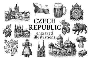 Engraved illustrations depicting the charm and culture of Czech Republic's landmarks and traditions