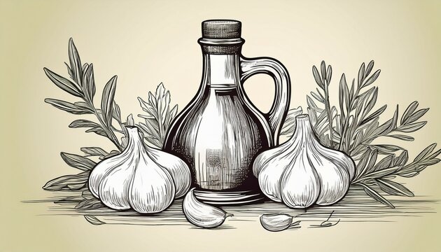 vintage sketch of olive oil bottle with garlic and herbs