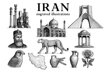 Explore intricate engraved illustrations depicting the rich history and culture of Iran through artful representations of monuments and wildlife