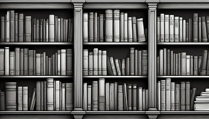 black and white sketch of books on library shelves