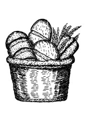 Fototapeta premium Delightful assortment of freshly baked bread rolls and wheat in an engraved basket illustration
