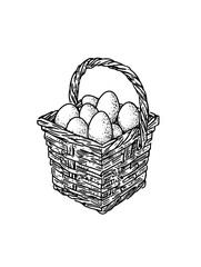 Fototapeta premium Vintage engraved basket overflowing with eggs showcasing rustic charm and timeless craftsmanship in a minimalist style