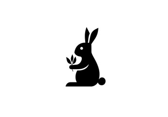 Obraz premium Engraved black rabbit holding a leaf against a transparent background in a minimalist vector illustration