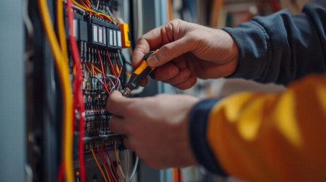 Electrician testing the functionality of electrical wiring. Featuring safety and expertise