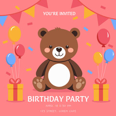 birthday party invitation for child/children with a teddy bear